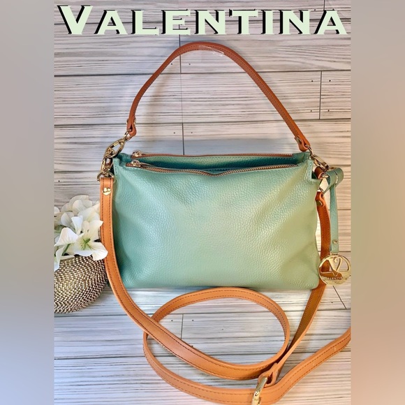Valentina Handbags - Valentina Sage Green Genuine Leather Multi Entry& Compartment CrossBody Handbag